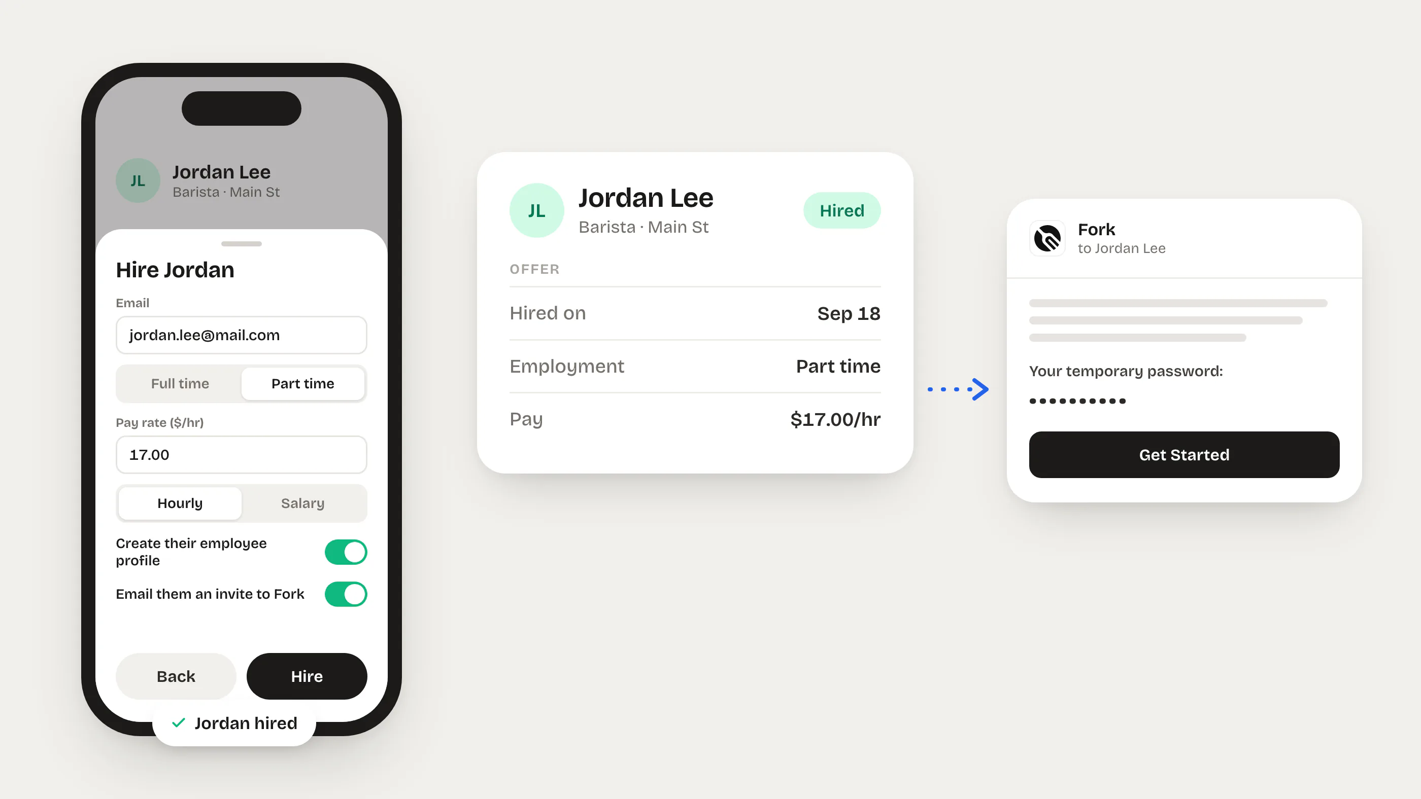 Illustration of the Hire Jordan sheet on a phone with the profile and invite switches on, the offer at $17.00 an hour, and the invite email with a temporary password
