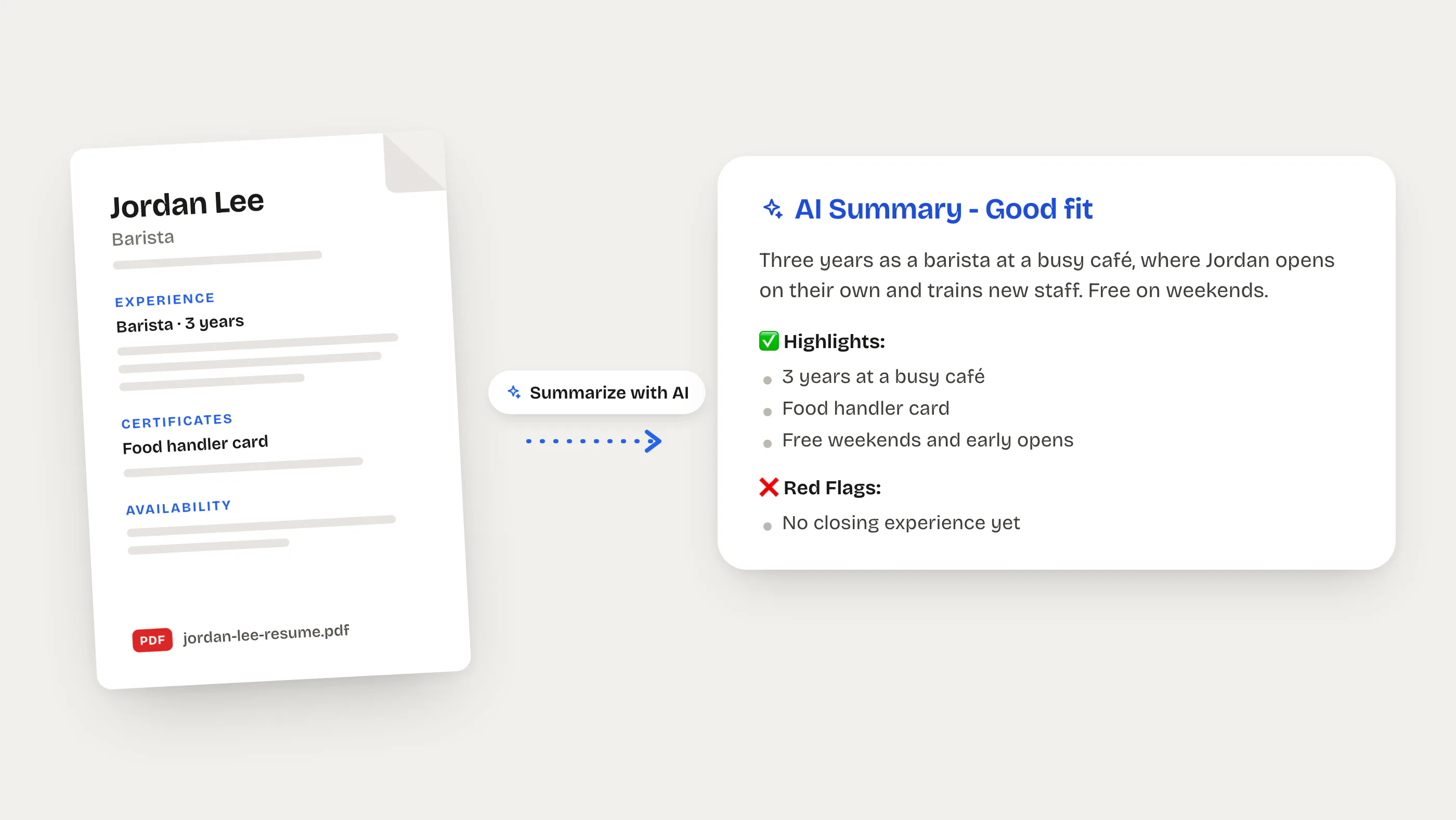 Illustration of Jordan's resume turned into an AI summary marked Good fit, with highlights and one red flag